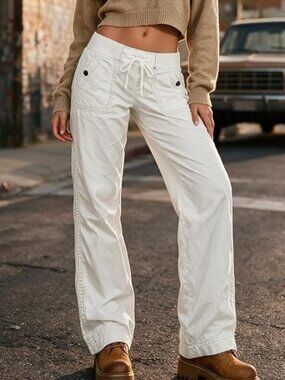 FLAMINGALS Straight Leg Drawstring Pants - Cream White - Small - NEW NWT